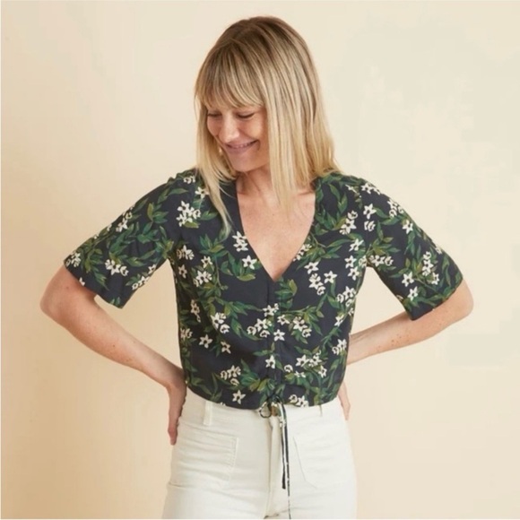 Marine Layer Tops - Marine Layer Bek Cinch Top Black Blue Floral Size XS